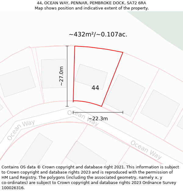 44, OCEAN WAY, PENNAR, PEMBROKE DOCK, SA72 6RA: Plot and title map