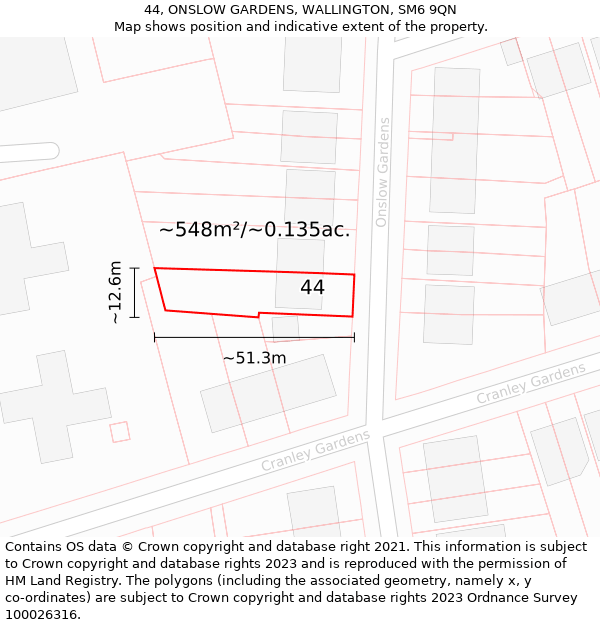 44, ONSLOW GARDENS, WALLINGTON, SM6 9QN: Plot and title map