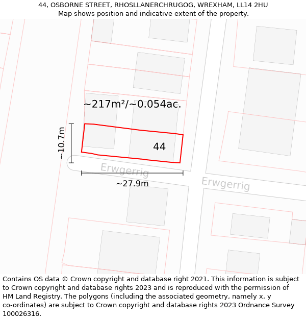 44, OSBORNE STREET, RHOSLLANERCHRUGOG, WREXHAM, LL14 2HU: Plot and title map