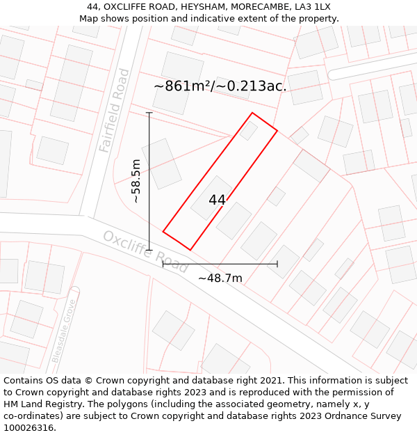 44, OXCLIFFE ROAD, HEYSHAM, MORECAMBE, LA3 1LX: Plot and title map