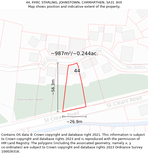 44, PARC STARLING, JOHNSTOWN, CARMARTHEN, SA31 3HX: Plot and title map