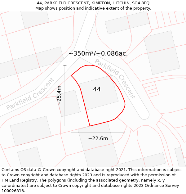 44, PARKFIELD CRESCENT, KIMPTON, HITCHIN, SG4 8EQ: Plot and title map