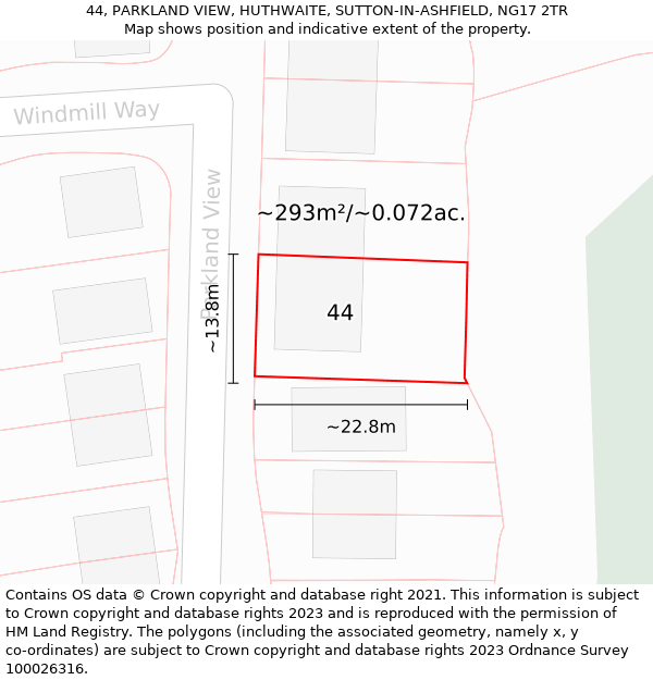 44, PARKLAND VIEW, HUTHWAITE, SUTTON-IN-ASHFIELD, NG17 2TR: Plot and title map