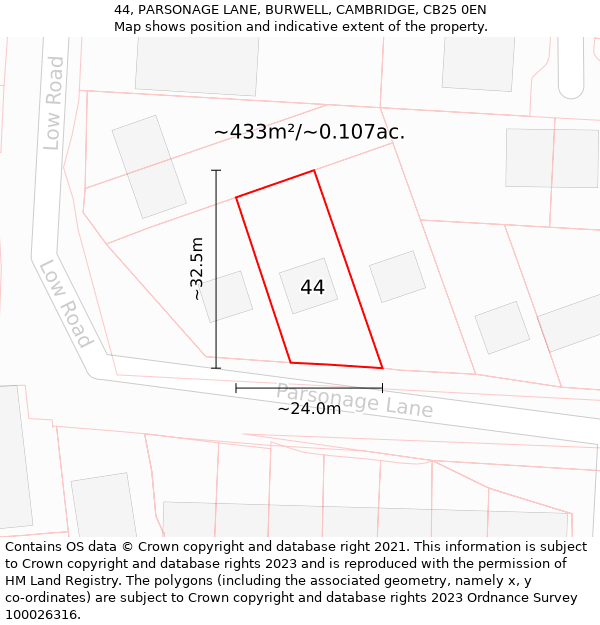 44, PARSONAGE LANE, BURWELL, CAMBRIDGE, CB25 0EN: Plot and title map