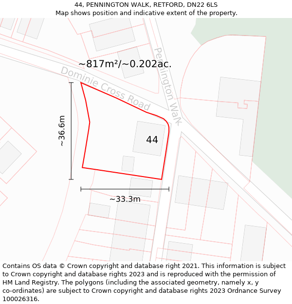 44, PENNINGTON WALK, RETFORD, DN22 6LS: Plot and title map