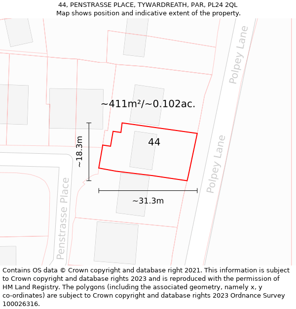 44, PENSTRASSE PLACE, TYWARDREATH, PAR, PL24 2QL: Plot and title map