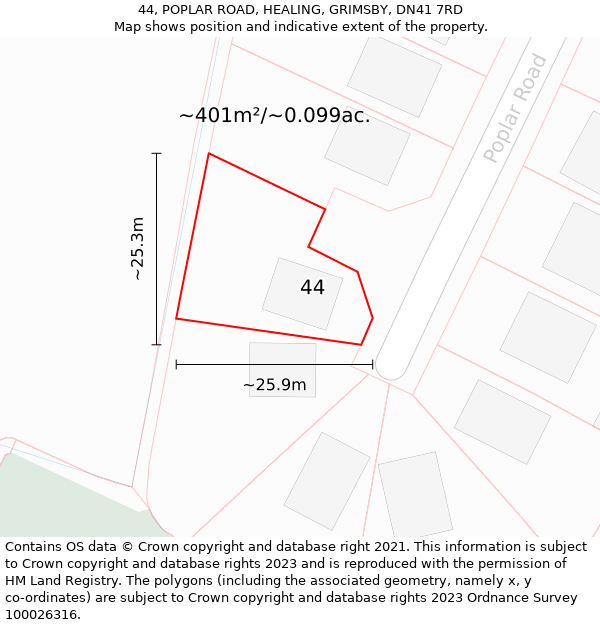 44, POPLAR ROAD, HEALING, GRIMSBY, DN41 7RD: Plot and title map