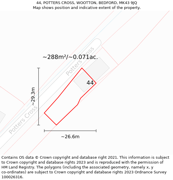 44, POTTERS CROSS, WOOTTON, BEDFORD, MK43 9JQ: Plot and title map