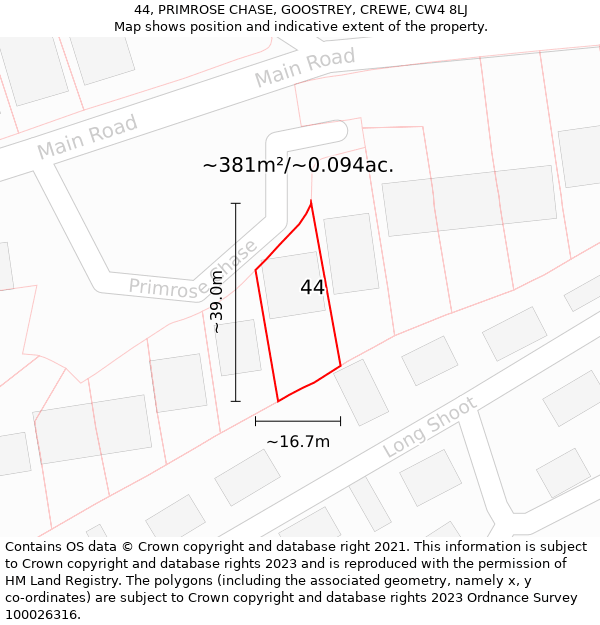 44, PRIMROSE CHASE, GOOSTREY, CREWE, CW4 8LJ: Plot and title map