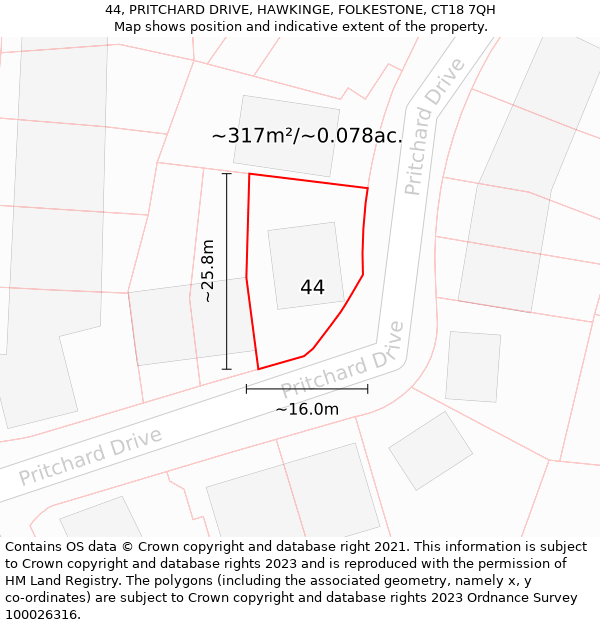 44, PRITCHARD DRIVE, HAWKINGE, FOLKESTONE, CT18 7QH: Plot and title map