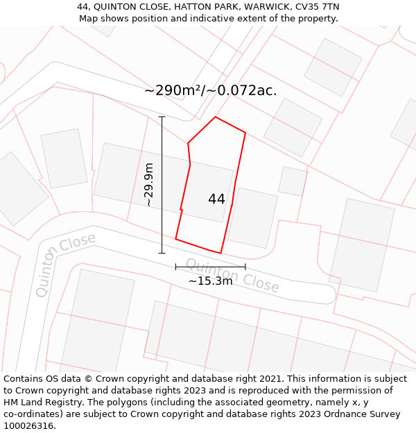 44, QUINTON CLOSE, HATTON PARK, WARWICK, CV35 7TN: Plot and title map