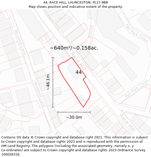 44, RACE HILL, LAUNCESTON, PL15 9BB: Plot and title map