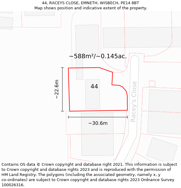 44, RACEYS CLOSE, EMNETH, WISBECH, PE14 8BT: Plot and title map