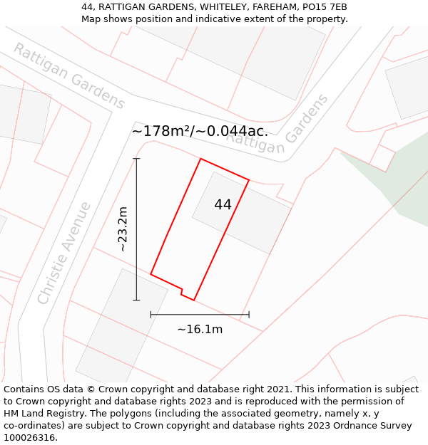 44, RATTIGAN GARDENS, WHITELEY, FAREHAM, PO15 7EB: Plot and title map