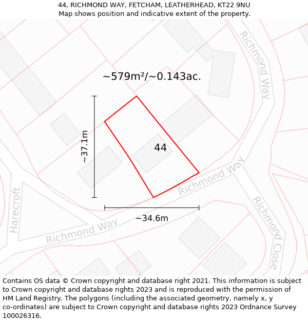 44, RICHMOND WAY, FETCHAM, LEATHERHEAD, KT22 9NU: Plot and title map