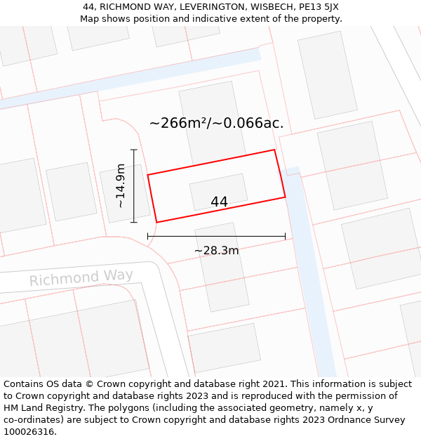 44, RICHMOND WAY, LEVERINGTON, WISBECH, PE13 5JX: Plot and title map