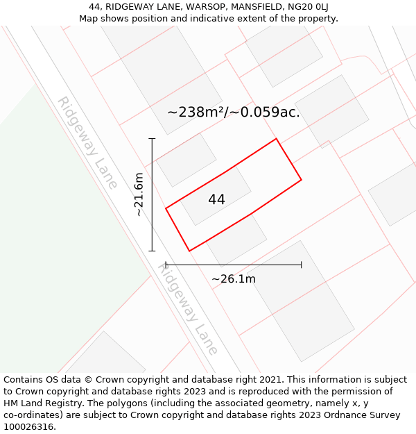 44, RIDGEWAY LANE, WARSOP, MANSFIELD, NG20 0LJ: Plot and title map