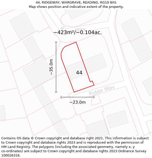 44, RIDGEWAY, WARGRAVE, READING, RG10 8AS: Plot and title map