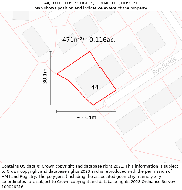 44, RYEFIELDS, SCHOLES, HOLMFIRTH, HD9 1XF: Plot and title map