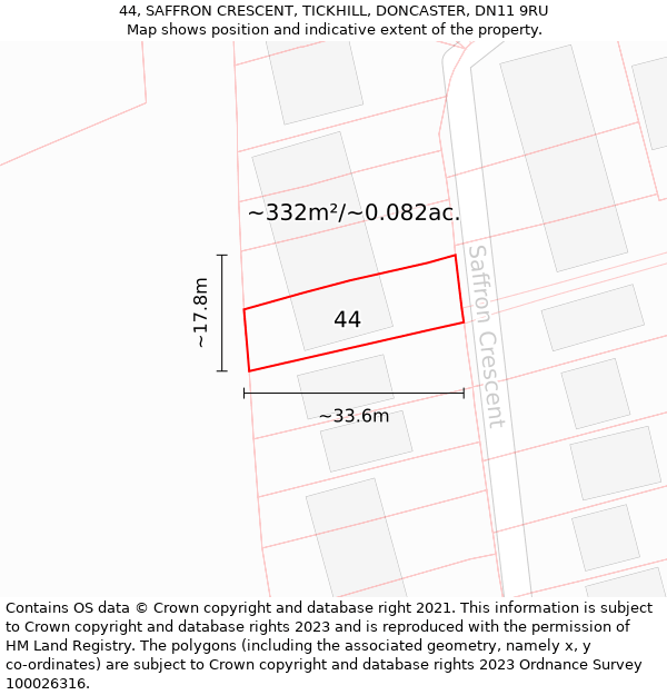 44, SAFFRON CRESCENT, TICKHILL, DONCASTER, DN11 9RU: Plot and title map