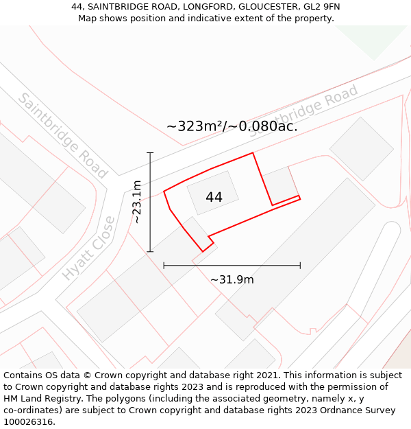 44, SAINTBRIDGE ROAD, LONGFORD, GLOUCESTER, GL2 9FN: Plot and title map