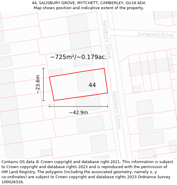 44, SALISBURY GROVE, MYTCHETT, CAMBERLEY, GU16 6DA: Plot and title map