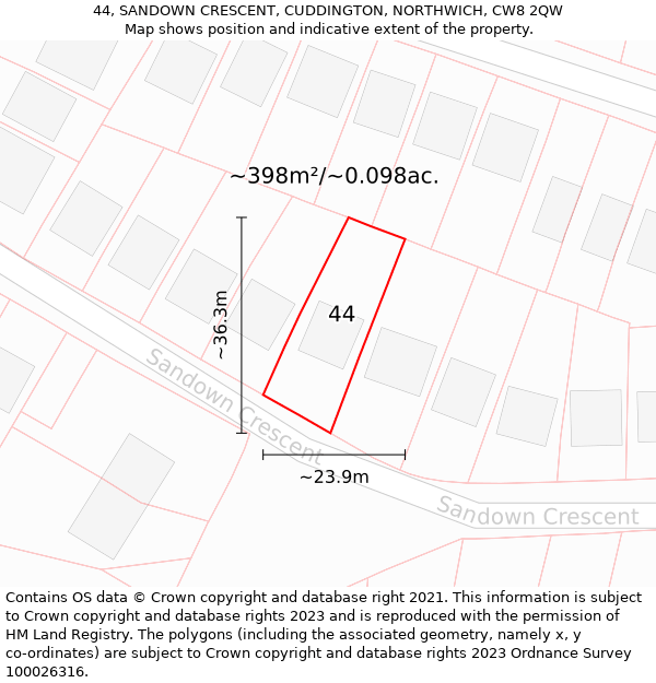 44, SANDOWN CRESCENT, CUDDINGTON, NORTHWICH, CW8 2QW: Plot and title map