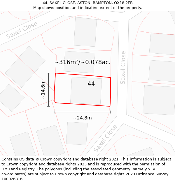 44, SAXEL CLOSE, ASTON, BAMPTON, OX18 2EB: Plot and title map