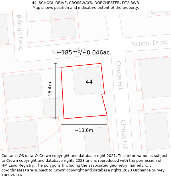 44, SCHOOL DRIVE, CROSSWAYS, DORCHESTER, DT2 8WR: Plot and title map