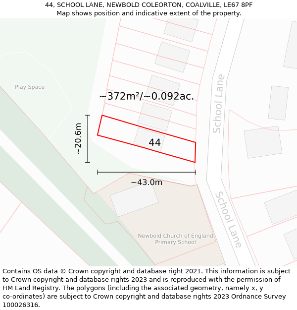 44, SCHOOL LANE, NEWBOLD COLEORTON, COALVILLE, LE67 8PF: Plot and title map