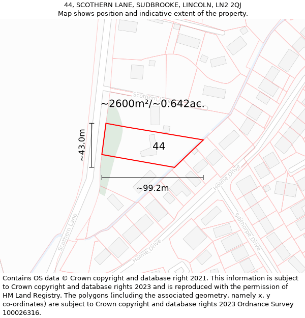 44, SCOTHERN LANE, SUDBROOKE, LINCOLN, LN2 2QJ: Plot and title map