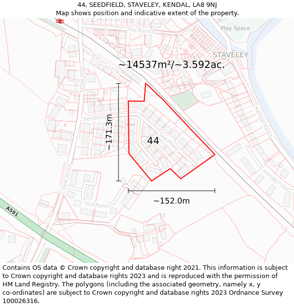 44, SEEDFIELD, STAVELEY, KENDAL, LA8 9NJ: Plot and title map