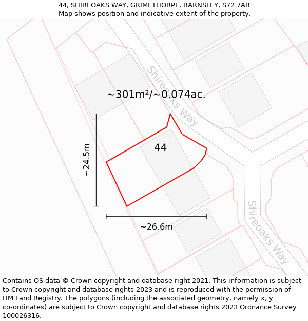 44, SHIREOAKS WAY, GRIMETHORPE, BARNSLEY, S72 7AB: Plot and title map