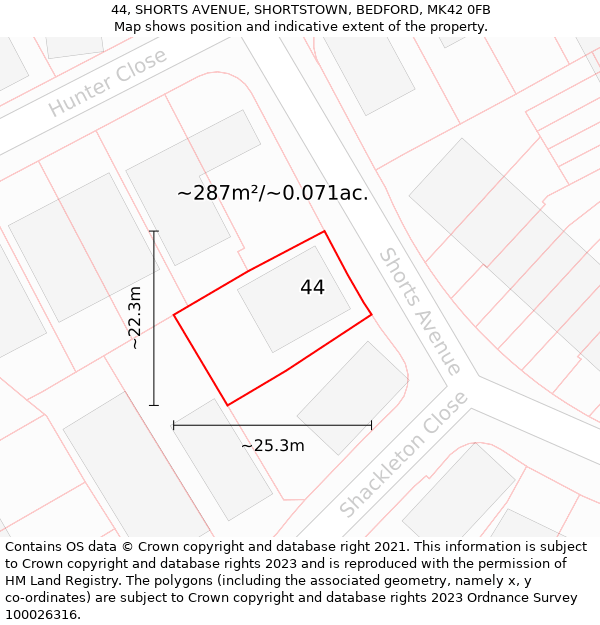 44, SHORTS AVENUE, SHORTSTOWN, BEDFORD, MK42 0FB: Plot and title map