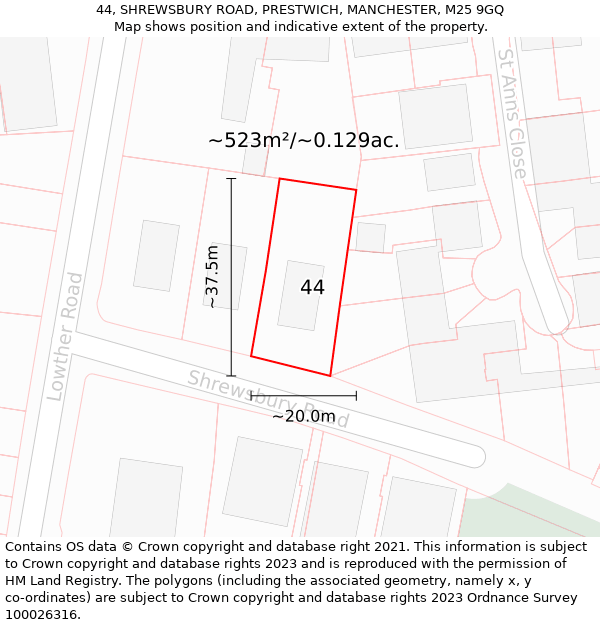 44, SHREWSBURY ROAD, PRESTWICH, MANCHESTER, M25 9GQ: Plot and title map