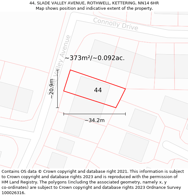 44, SLADE VALLEY AVENUE, ROTHWELL, KETTERING, NN14 6HR: Plot and title map