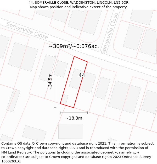 44, SOMERVILLE CLOSE, WADDINGTON, LINCOLN, LN5 9QR: Plot and title map