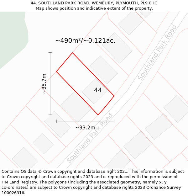 44, SOUTHLAND PARK ROAD, WEMBURY, PLYMOUTH, PL9 0HG: Plot and title map