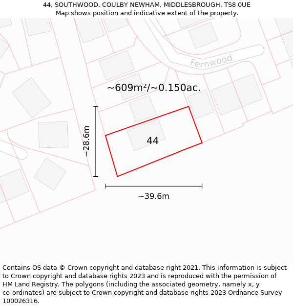 44, SOUTHWOOD, COULBY NEWHAM, MIDDLESBROUGH, TS8 0UE: Plot and title map