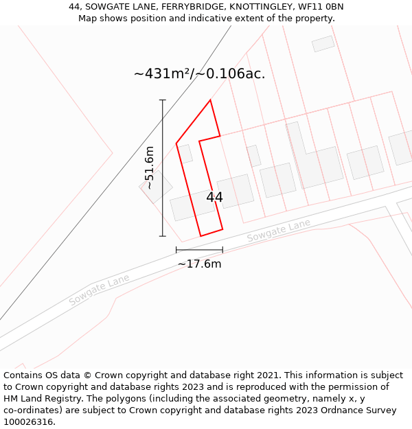 44, SOWGATE LANE, FERRYBRIDGE, KNOTTINGLEY, WF11 0BN: Plot and title map