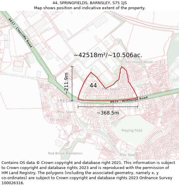 44, SPRINGFIELDS, BARNSLEY, S75 1JS: Plot and title map