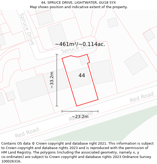 44, SPRUCE DRIVE, LIGHTWATER, GU18 5YX: Plot and title map