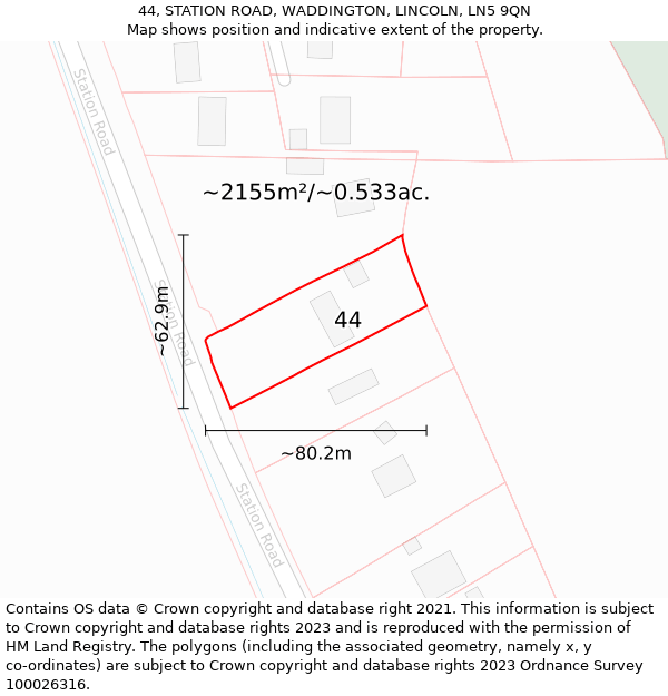 44, STATION ROAD, WADDINGTON, LINCOLN, LN5 9QN: Plot and title map