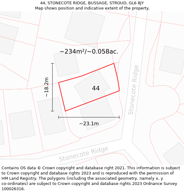 44, STONECOTE RIDGE, BUSSAGE, STROUD, GL6 8JY: Plot and title map