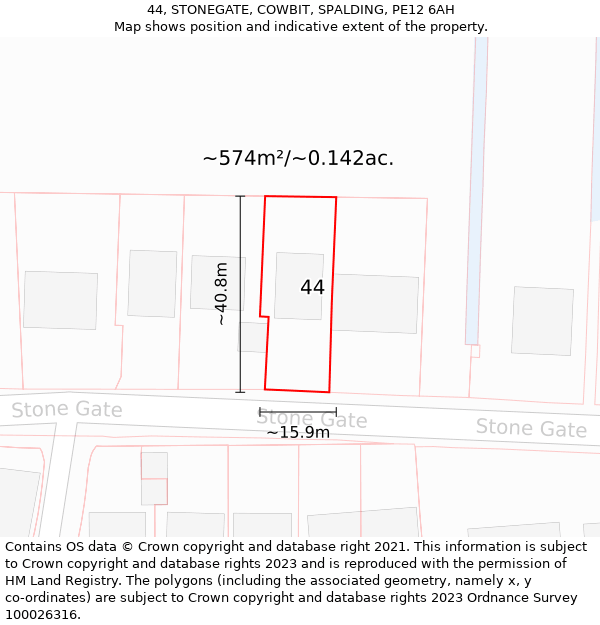 44, STONEGATE, COWBIT, SPALDING, PE12 6AH: Plot and title map