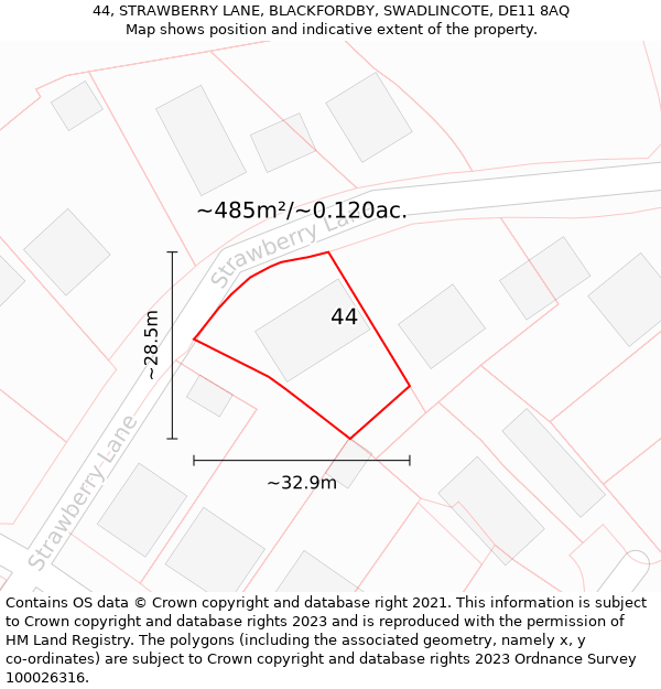 44, STRAWBERRY LANE, BLACKFORDBY, SWADLINCOTE, DE11 8AQ: Plot and title map