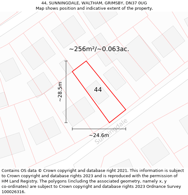 44, SUNNINGDALE, WALTHAM, GRIMSBY, DN37 0UG: Plot and title map