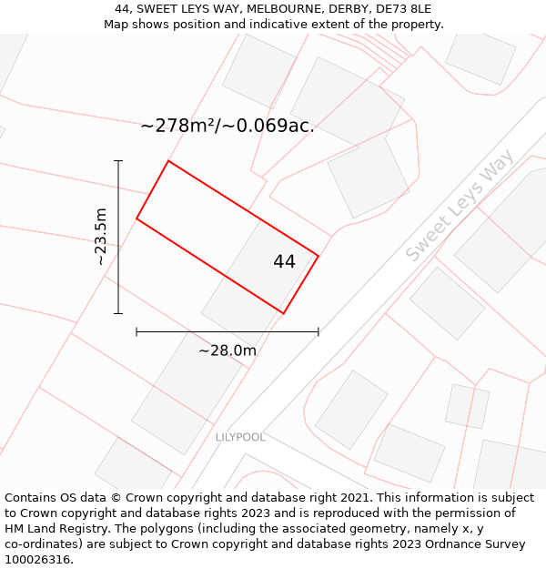 44, SWEET LEYS WAY, MELBOURNE, DERBY, DE73 8LE: Plot and title map