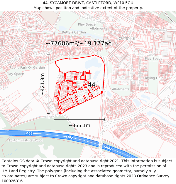 44, SYCAMORE DRIVE, CASTLEFORD, WF10 5GU: Plot and title map