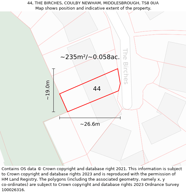 44, THE BIRCHES, COULBY NEWHAM, MIDDLESBROUGH, TS8 0UA: Plot and title map